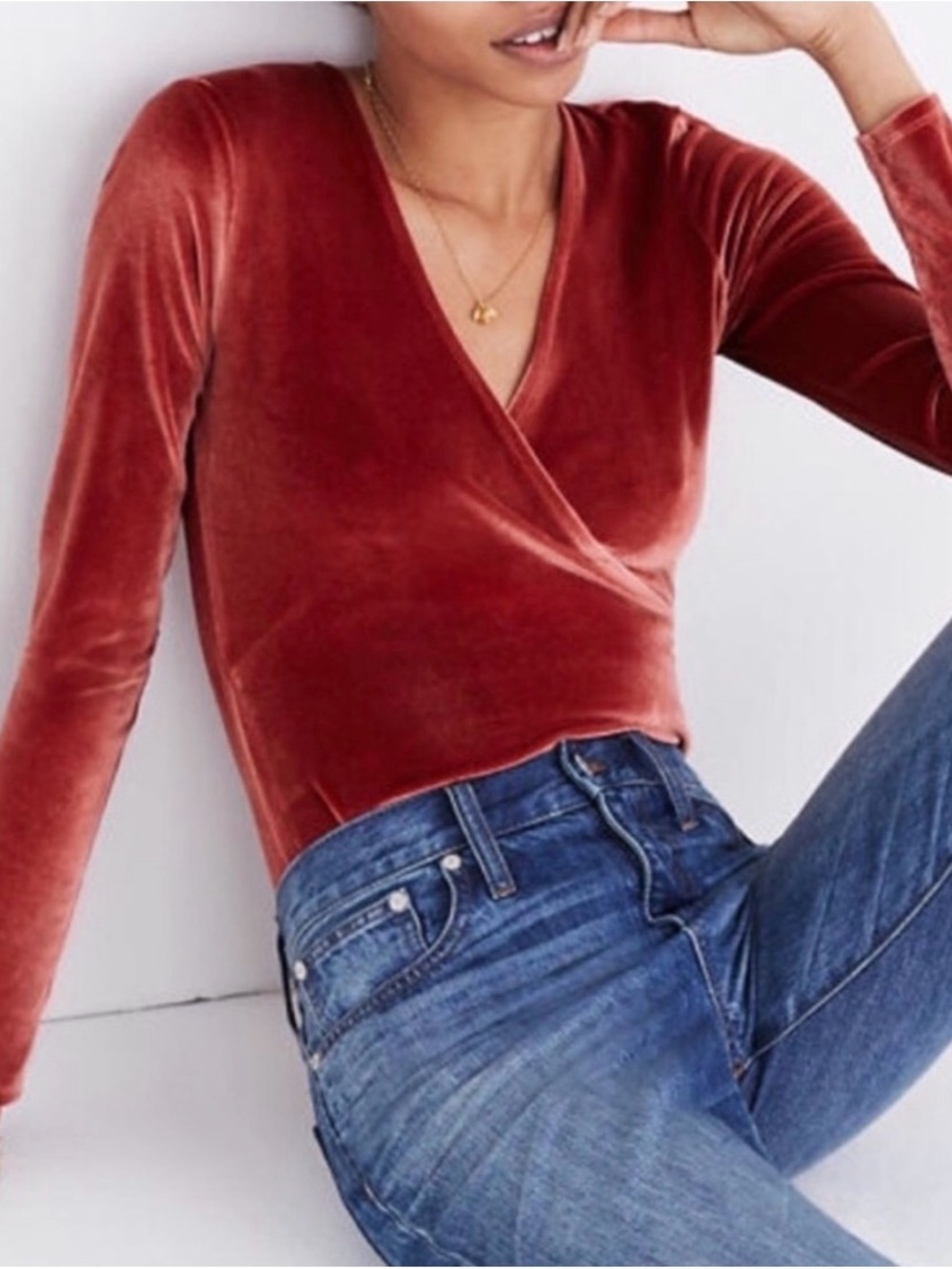 Madewell Rust Red Velvet Wrap-Front Bodysuit